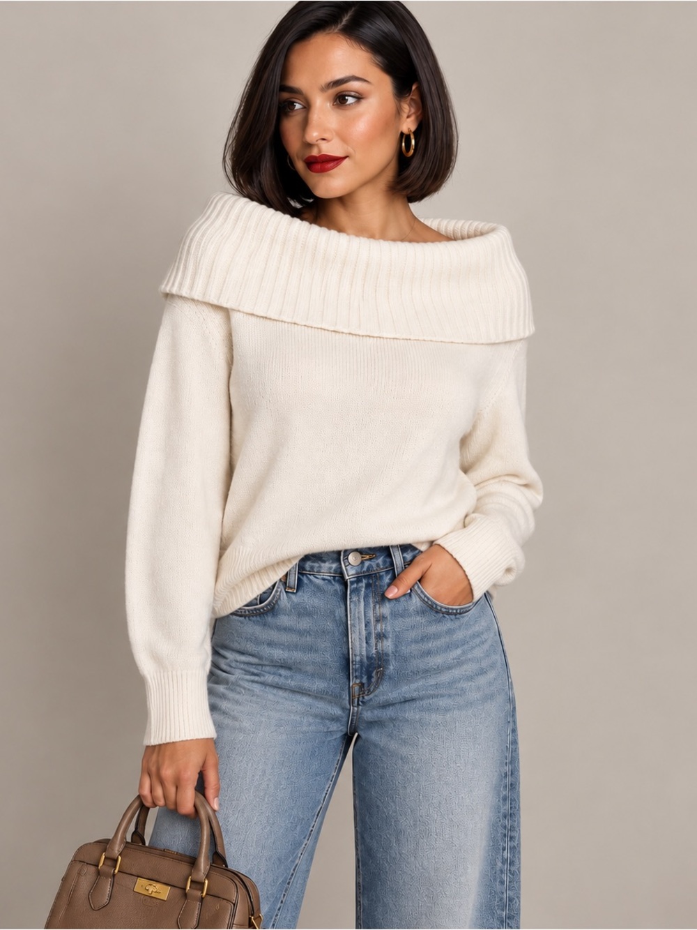 Michael Kors Collection 100% Cashmere Off Shoulder Sweater Cream S